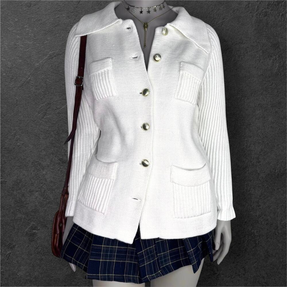 Vintage 70s Montgomery Ward White Knit Cardigan Sweater